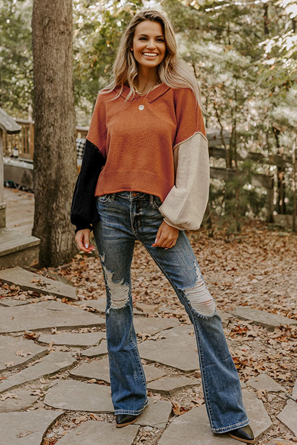 Desert Gold Colorblock Raw Edge Bubble Sleeve V Neck Sweater