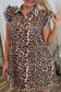 Khaki Leopard Print Lace Trim Shirt Collar Button Down Loose Mini Dress
