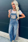 Peacock Blue Floral Patchwork Bib Denim Wide Leg Overalls