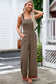 Brown Stripe Square Neck Shirred Wide Leg Jumpsuit