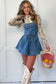 Sky Blue Buckle Straps Bib Style Drawstring Tied Backless Flared Denim Romper