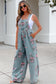 Beau Blue Floral Print Pleated High Waist Wide Leg Denim Jumpsuit