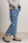 Sky Blue Plaid Denim Grommet Drawstring Waist Ankle-Length Jeans