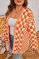 Orange Checkered Bubble Sleeve Drop Shoulder Open Cardigan