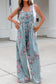 Beau Blue Floral Print Pleated High Waist Wide Leg Denim Jumpsuit