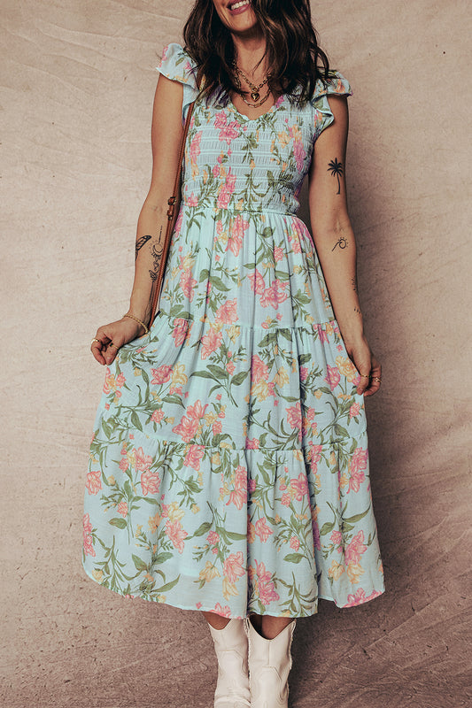 Yellow Smocked Bodice Ruffled Sleeveless Tiered Floral Maxi Dress