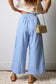 Sky Blue Stripe Drawstring Elastic Waist Patch Pocket Wide Leg Ankle-length Pants