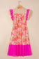 Rose Floral Print Color Block Ruffled Short Sleeve Flared Midi Dress