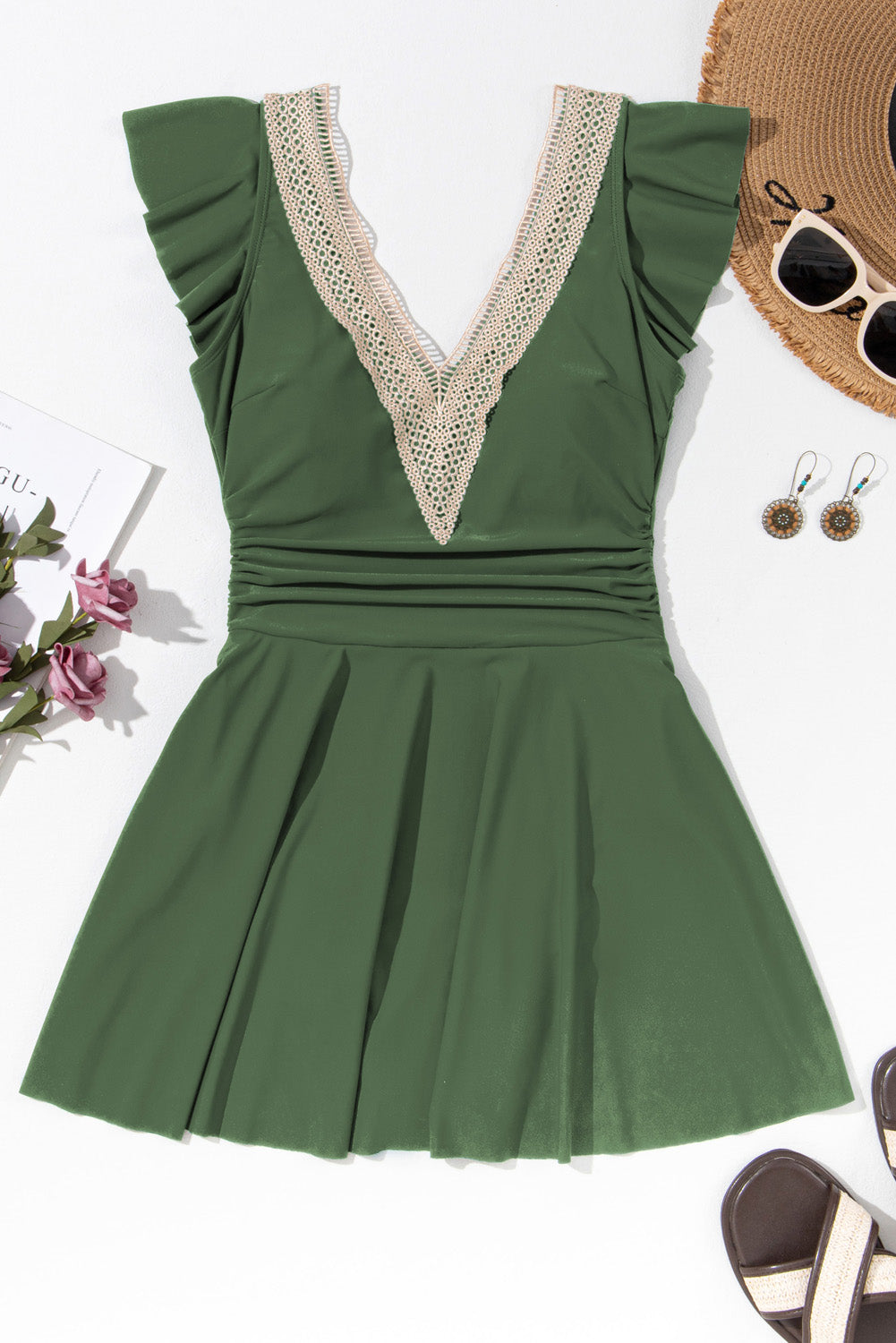 Mist Green Ruffled Short Sleeve Lace Trim V Neck One Piece Swim Dress