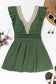 Mist Green Ruffled Short Sleeve Lace Trim V Neck One Piece Swim Dress