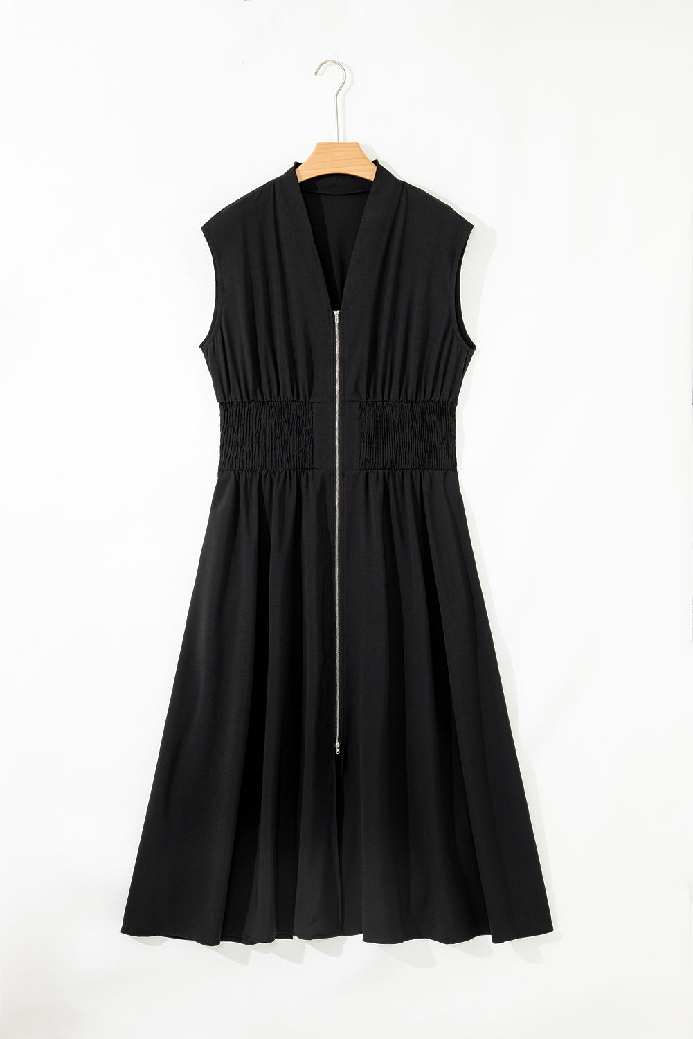 Black Sleeveless Zipped Front V Neck Shirred Waist Maxi Dress