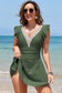 Mist Green Ruffled Short Sleeve Lace Trim V Neck One Piece Swim Dress