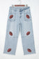 Beau Blue Sequin Rugby Pattern Raw Hem Casual Jeans