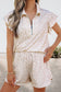 Beige Leopard Zip Polo Top 2pcs Short Set