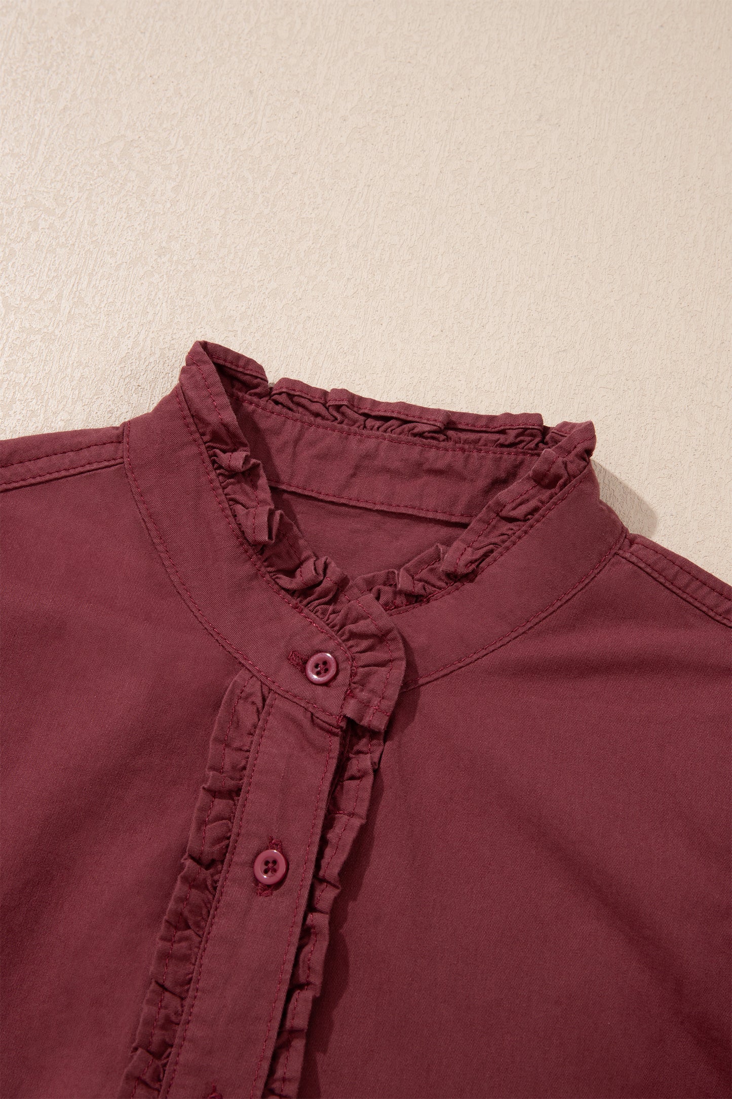 Red Sandalwood Frilled Detail Button Down Ruffle Short Sleeve Denim Mini Dress