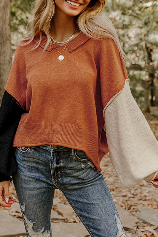 Desert Gold Colorblock Raw Edge Bubble Sleeve V Neck Sweater