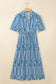 Blue Geometric Print Short Sleeve Drawstring Shirt Collar Dress