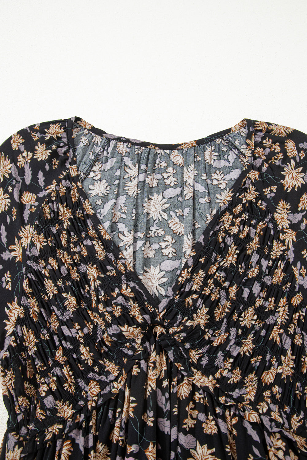 Black Floral Deep V Neck Smocked Bust Bubble Sleeve Babydoll Dress