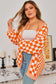 Orange Checkered Bubble Sleeve Drop Shoulder Open Cardigan