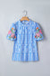 Sky Blue Unique Geometry Print Floral Embroidered Puff Sleeve Blouse