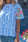 Sky Blue Unique Geometry Print Floral Embroidered Puff Sleeve Blouse