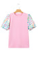 Pink Round Neck Textured Contrast Floral Bubble Sleeve Blouse