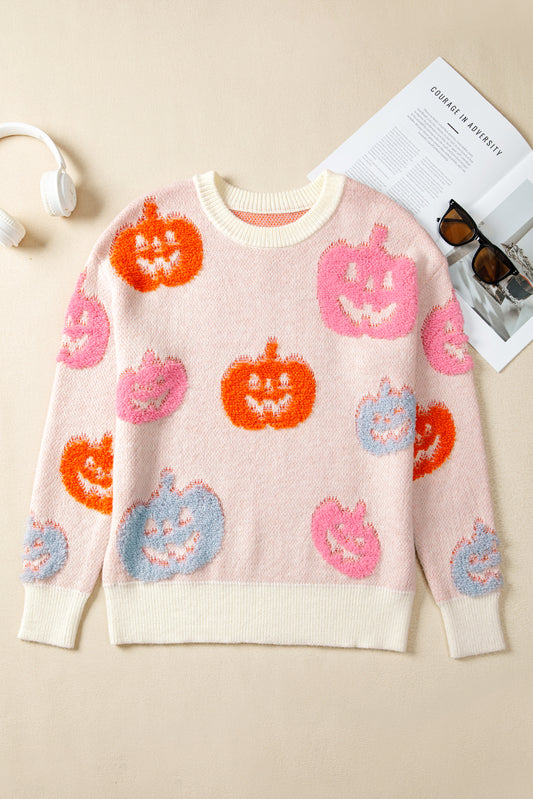 Beige Halloween Cute Pumpkin Pattern Sweater