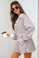 Khaki Checkered Print Polo Collar Cropped Long Sleeve Top Drawstring Mini Skirt Set