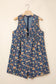 Blue Retro Floral Print Bow Tie V Neck Sleeveless Pleated Loose Denim Romper
