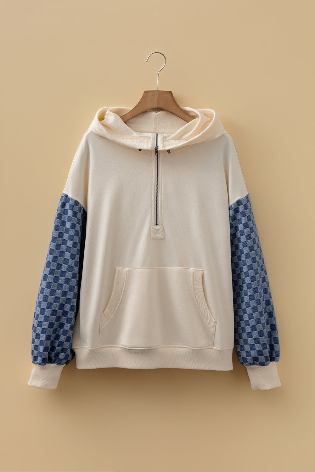 Parchment Checkered Patchwork Kangaroo Pocket Half Zipper Hoodie