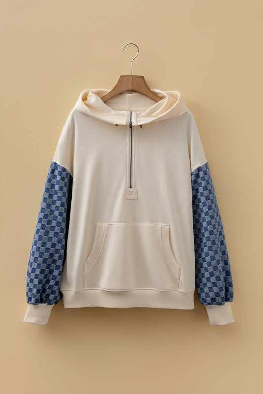 Parchment Checkered Patchwork Kangaroo Pocket Half Zipper Hoodie
