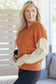 Desert Gold Colorblock Raw Edge Bubble Sleeve V Neck Sweater