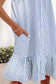Sky Blue Stripe Shirt Collar Shirred Detail Ruffle Hem Sleeveless Dress