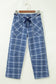 Sky Blue Plaid Denim Grommet Drawstring Waist Ankle-Length Jeans