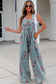 Beau Blue Floral Print Pleated High Waist Wide Leg Denim Jumpsuit