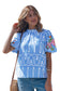 Sky Blue Unique Geometry Print Floral Embroidered Puff Sleeve Blouse
