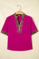Violet Leopard Patchwork Trim Split Neck Short Sleeve Blouse
