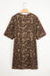 Brown Loose Contrast Striped Accent Leopard T Shirt Mini Dress with Pockets