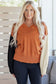 Desert Gold Colorblock Raw Edge Bubble Sleeve V Neck Sweater
