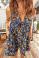 Blue Retro Floral Print Bow Tie V Neck Sleeveless Pleated Loose Denim Romper