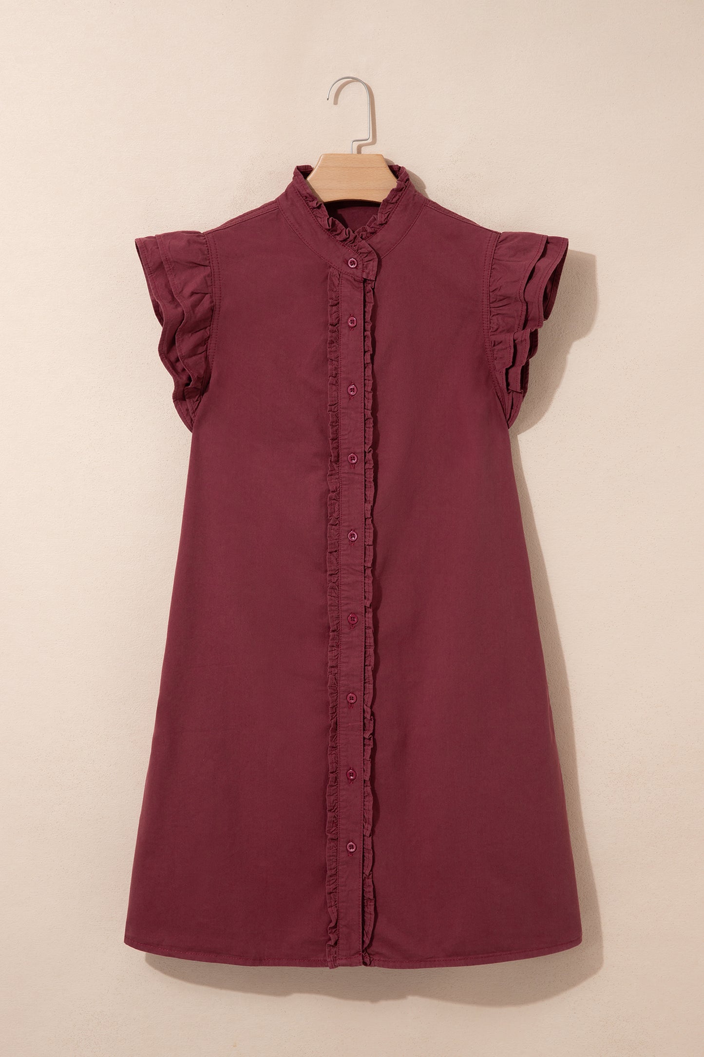 Red Sandalwood Frilled Detail Button Down Ruffle Short Sleeve Denim Mini Dress