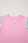 Pink Round Neck Textured Contrast Floral Bubble Sleeve Blouse