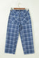 Sky Blue Plaid Denim Grommet Drawstring Waist Ankle-Length Jeans