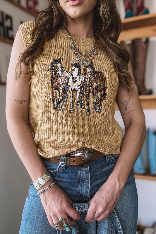 Parchment Sequin Horse Graphic Lightweight Knitted Sweater Vest
