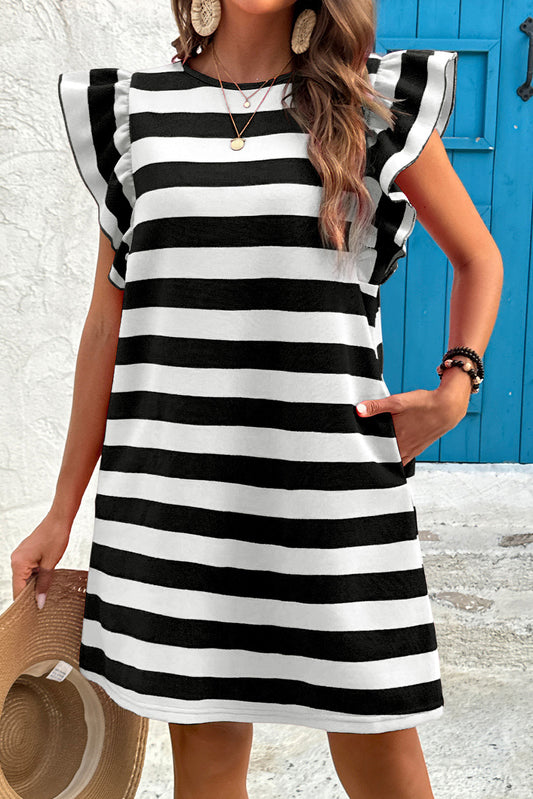 Black Stripe Flutter Sleeve Round Neck Shift Dress