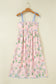 Pink Floral Print Contrast Trim Self-tie Straps High Waist Midi Dress
