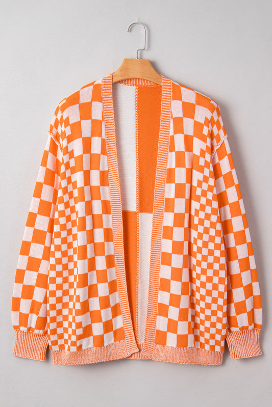 Orange Checkered Bubble Sleeve Drop Shoulder Open Cardigan