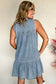 Real Teal Bowknot Neck Sleeveless Ruffled Chambray Dress
