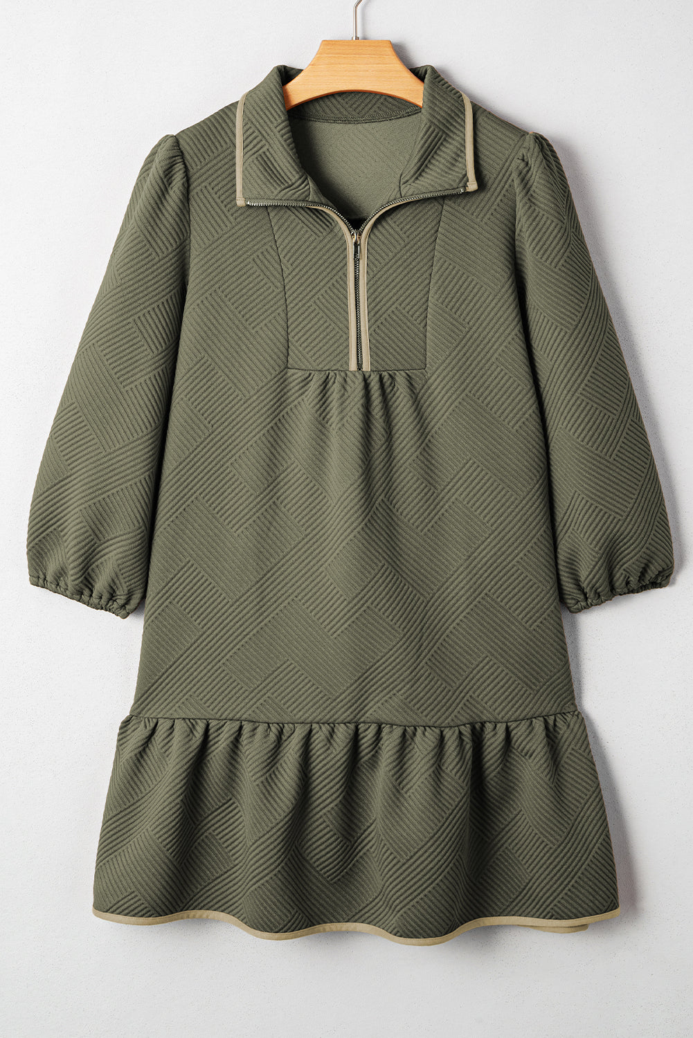 Jungle Green Quarter Zip Collar Bracelet Sleeve Textured Mini Dress