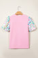 Pink Round Neck Textured Contrast Floral Bubble Sleeve Blouse